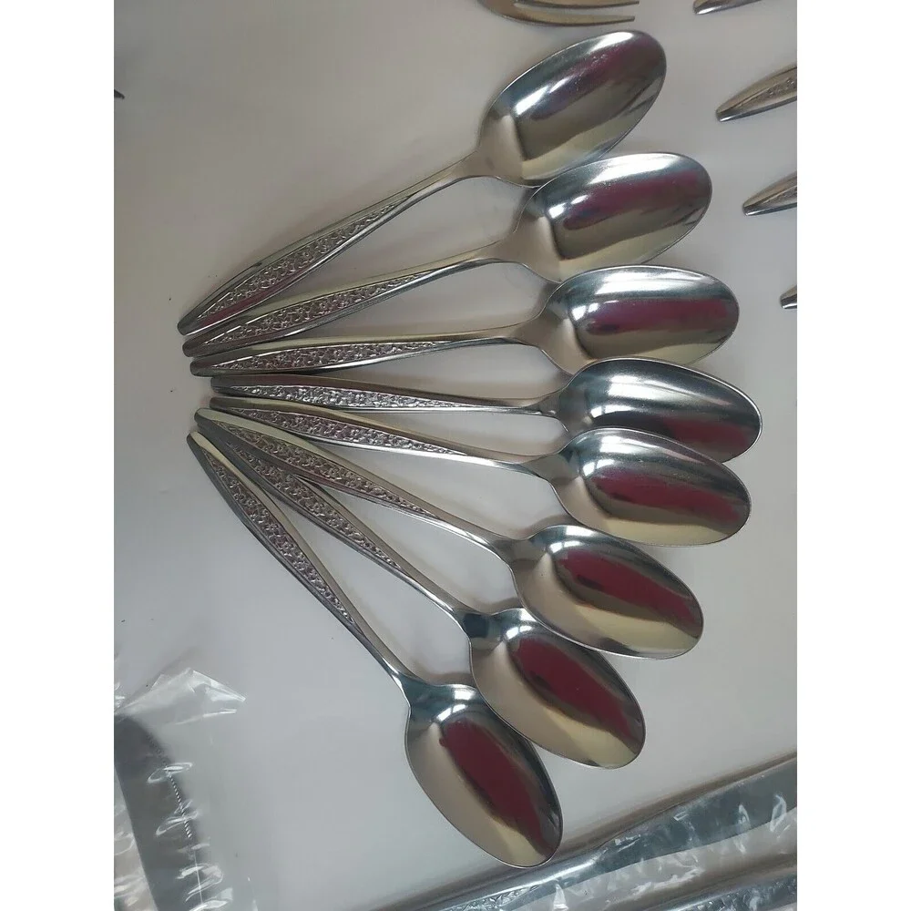 New Superior Stainless USA Radiant Rose 50 Peice Service For 8 + Serving Spoons